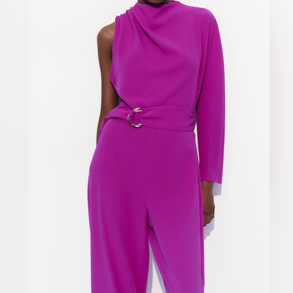 ZARA Women’s Asymmetric Jumpsuit Romper Wide Leg Off Shoulder Belt Cut Out XS - Picture 7 of 8